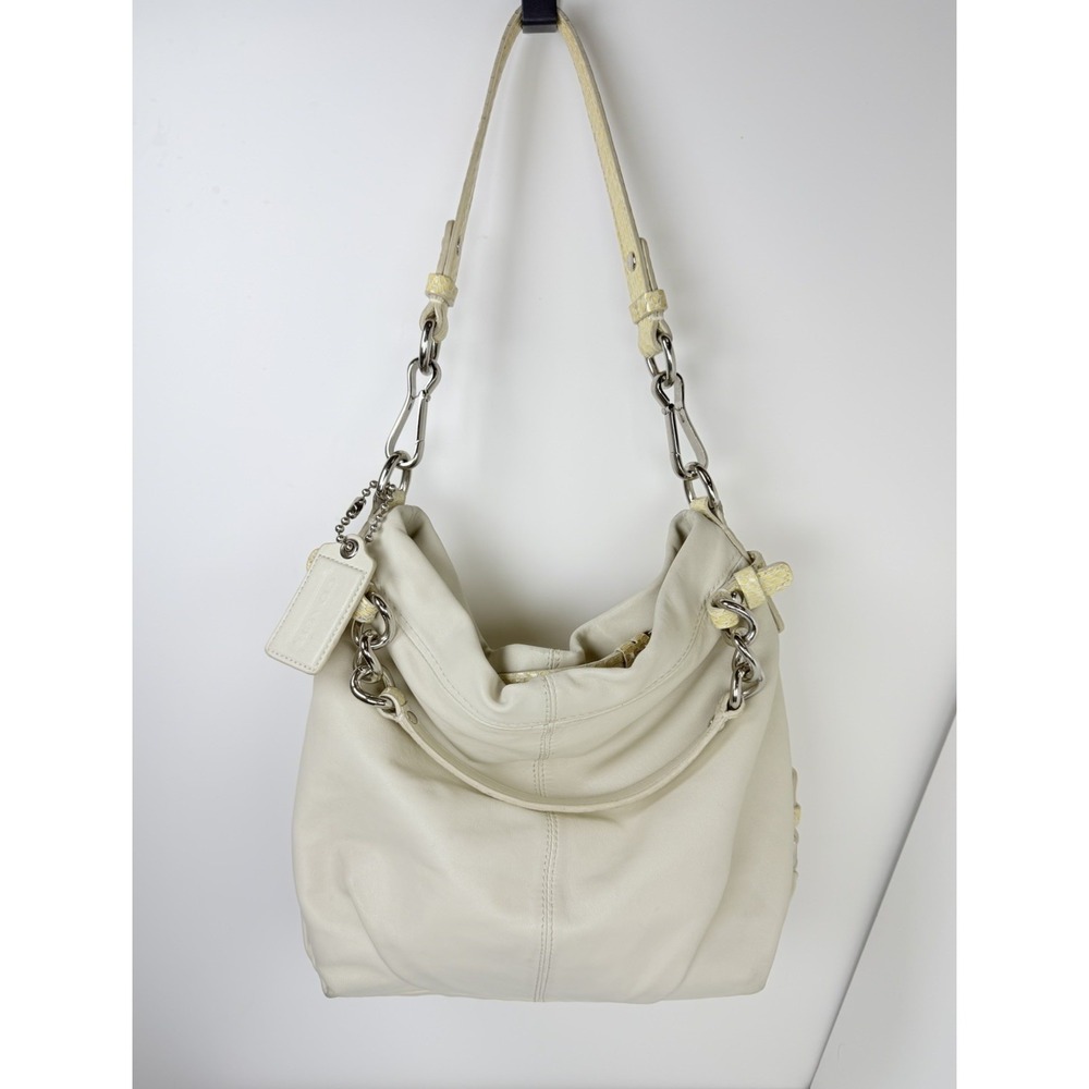 Coach Ivory Leather Hobo Shoulder Bag Snakeskin Trim Zip Top Women 14820